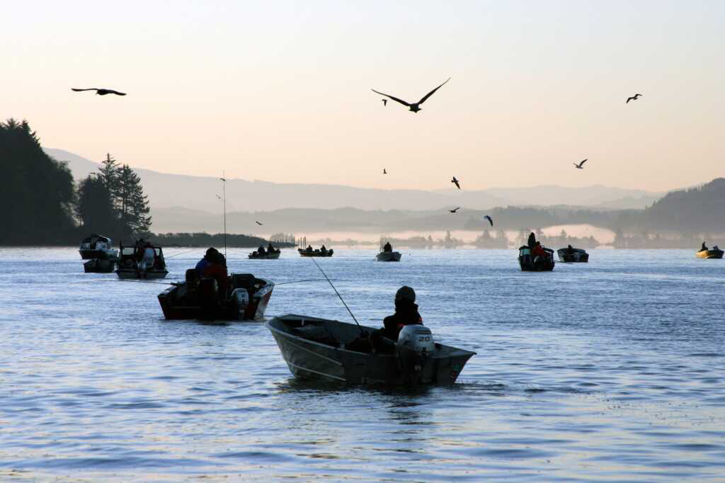 Sports fishermen congregate in Tillamook Bay.